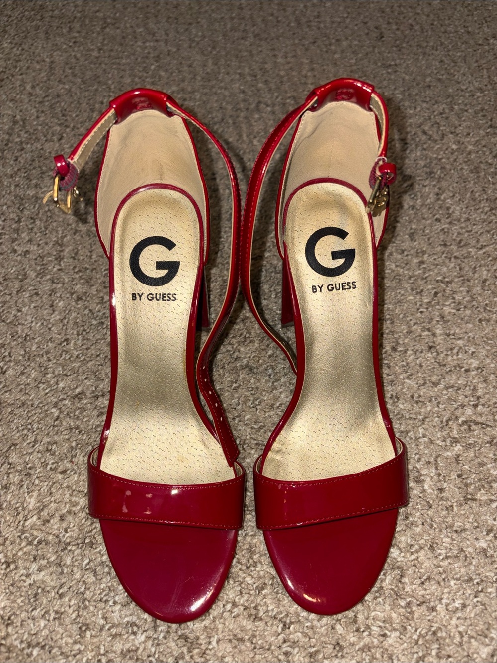 G by Guess Red Patent Open-Toe Slingback Heels
